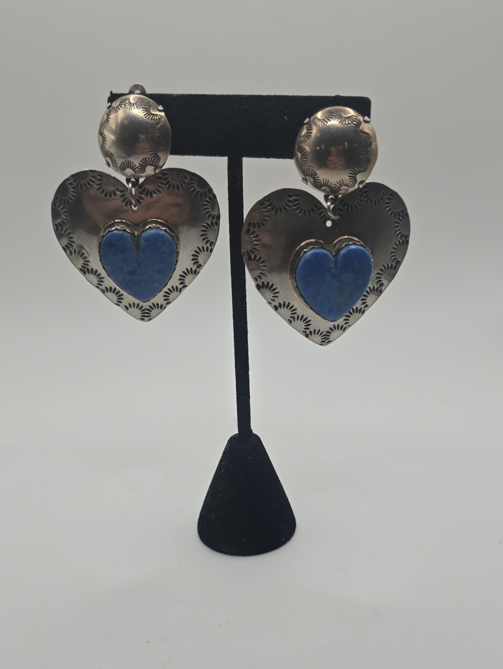 Joan Slifka Vintage Silver Heart Drop Clip On Earrings with Blue Stone Accent
